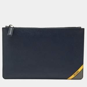 Pre Owned Prada Navy Blue Saffiano Leather Flat Zip Pouch