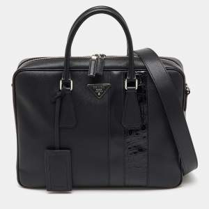 Pre Owned Prada Black Saffiano Leather and Croc Embossed Leather Travel Briefcase Bag