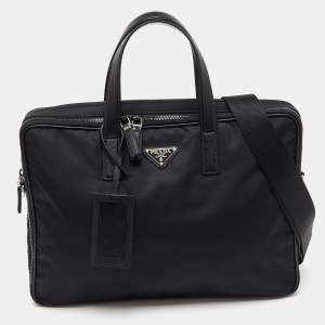 Pre Owned Prada Black Re-Nylon and Saffiano Leather Briefcase