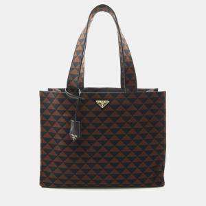 Pre Owned Prada Triangolo Symbole Brown/Black Embroidered Jacquard Saffiano Shopping Tote Bag
