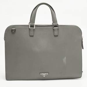 Pre Owned Prada Grey Saffiano Lux Leather Document Briefcase