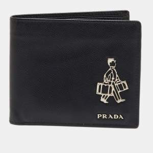 Pre Owned Prada Black Saffiano Metal Leather Bellhop Bifold Wallet