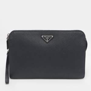 Pre Owned Prada Navy Blue Saffiano Leather Wristlet Pouch