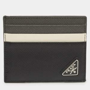 Pre Owned Prada Black/White Saffiano Metal Leather Logo Card Holder