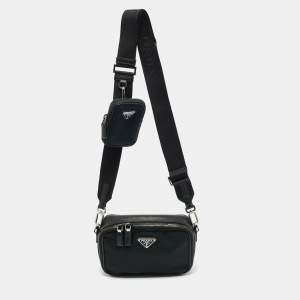 Pre Owned Prada Black Saffiano Lux Leather and Re-Nylon Brique Crossbody Bag