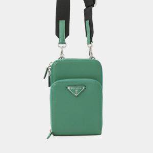 Pre Owned Prada Triangle Smartphone Shoulder Green Saffiano Leather