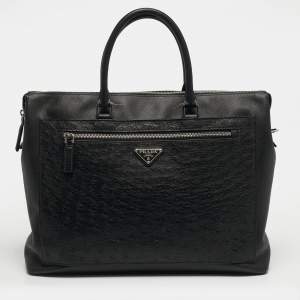 مملوكة مسبقًا Prada Black Ostrich Leather and Saffiano Leather Briefcase 