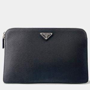Pre Owned Prada Saffiano Leather Clutch Bag Black Leather
