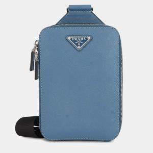Pre Owned Prada Brique One Shoulder Bag Blue Saffiano Leatherleather