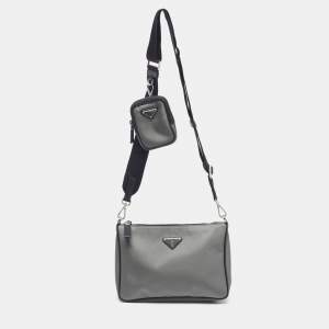 مملوكة مسبقًا حقيبة مسنجر برادا نايلون رمادي/أسود مع شعار