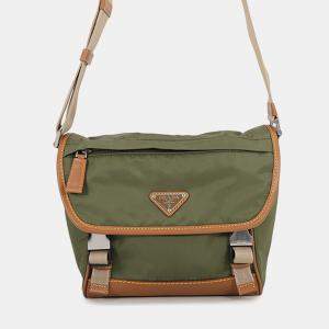 Pre Owned Prada Re-Nylon Saffiano Leather Messenger Bag Military Green Nylon Saffiano Leather Shoulder Bag