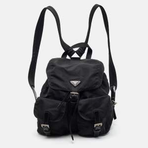 Pre Owned Prada Double Pocket Black Leather and Nylon Backpack