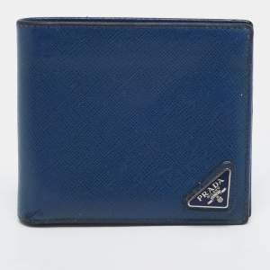 Pre Owned Prada Triangle Logo Navy Blue Leather Bifold Wallet