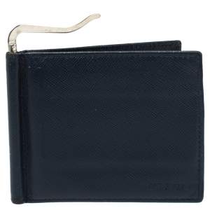 Prada Navy Blue Saffiano Lux Leather Money Clip Bi-fold Wallet