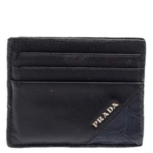 Prada Black/Navy Blue Saffiano Leather and Crocodile Card Holder