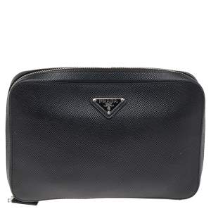 Prada Black Saffiano Leather Zip Around Clutch