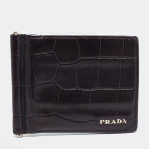 Prada Black Croc Embossed Leather Money Clip Bifold Wallet