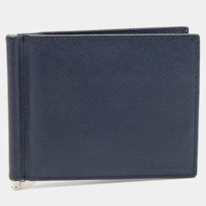 Prada Navy Blue Saffiano Leather Money Clip Bifold Wallet
