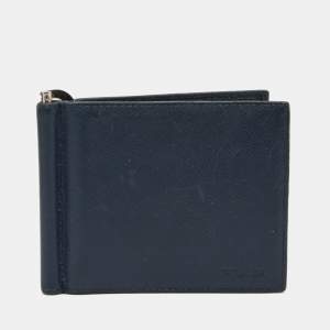 Prada Navy Blue Saffiano Leather Money Clip Bifold Wallet