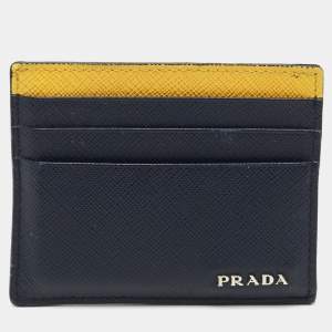 Prada Navy Blue/Yellow Saffiano Metal Leather Card Holder