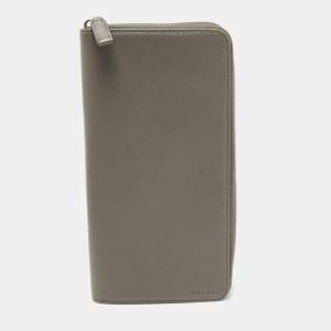 Prada Grey Saffiano Leather Organizer Zip Clutch