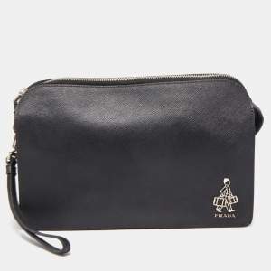 Prada Black Saffiano Lux Leather Porter Logo Wristlet Clutch