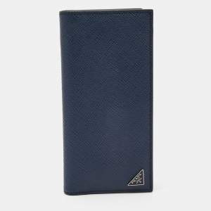 Prada Navy Blue Saffiano Metal Leather Vertical Bifold Wallet