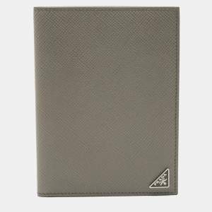 Prada Grey Saffiano Cuir Leather Triangle Logo Bifold Card Case