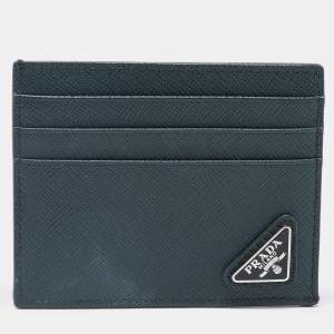 Prada Green Saffiano Metal Leather Triangular Logo Card Holder   