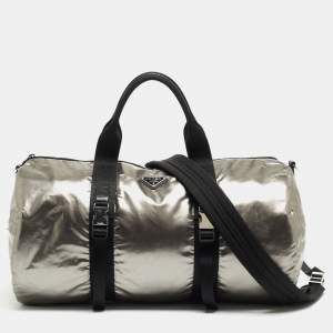Prada Black/Metallic Grey Tessuto Metal Duffel Bag
