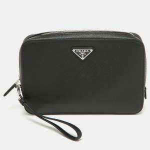 Prada Black Saffiano Leather Wristlet Zip Pouch