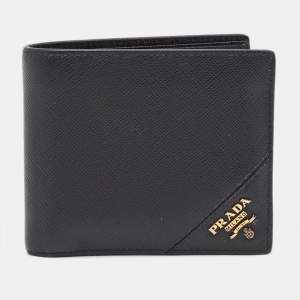 Prada Black Saffiano Metal Leather Logo Bifold Wallet