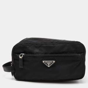 Prada Black Nylon and Saffiano Leather Zip Pouch