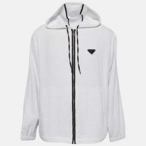 Prada White Terry Enameled Metal Logo Hoodie Jacket XL