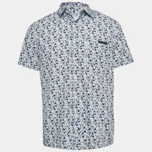 Prada Blue Floral Print Cotton Short Sleeve Shirt L