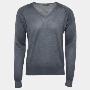 Prada Grey Wool Blend Knit V-Neck Sweater L