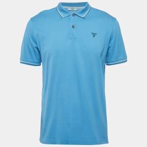 Prada Blue Logo Embroidered Cotton Pique Polo T-Shirt L
