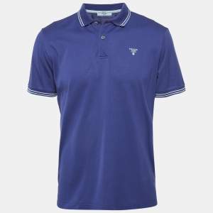 Prada Navy Blue Pique Logo Embroidered Cotton Pique Polo T-Shirt L