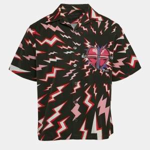 Prada Black Lightning Bolt Print Cotton Bowling Shirt M
