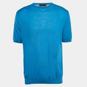 Prada Blue Wool Knit Crew Neck T-Shirt XXL