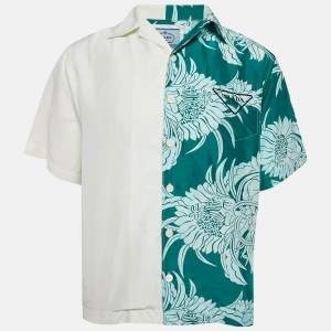 Prada White/Green Floral Print Silk Double Match Bowling Shirt S