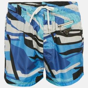 Prada Blue Printed Nylon Triangle Logo Detail Swim Shorts L