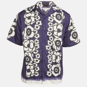 Prada Blue Floral Print Cotton Short Sleeve Shirt M