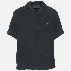 Prada Blue Terry Cotton Logo Detail Bowling Shirt L