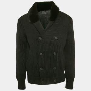 Prada Black Wool Dyed Nutria Fur Trimmed Cardigan XL