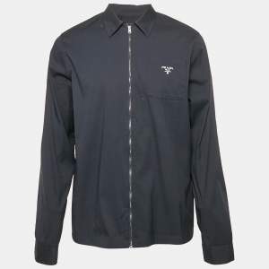 Prada navy Blue Logo Print Cotton Zip-Up Shirt L