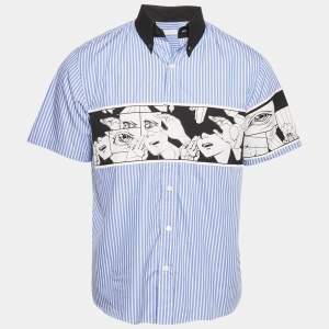 Prada Blue Comic Print Striped Cotton Short Sleeve Shirt M