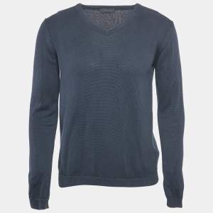 Prada Navy Blue Cotton V-Neck Jumper M 