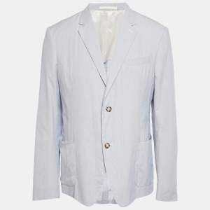 Prada Blue Striped Cotton Single Breasted Blazer XXL