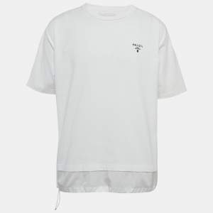 Pre Owned Prada White Logo Print Nylon Trim Jersey T-Shirt XL 